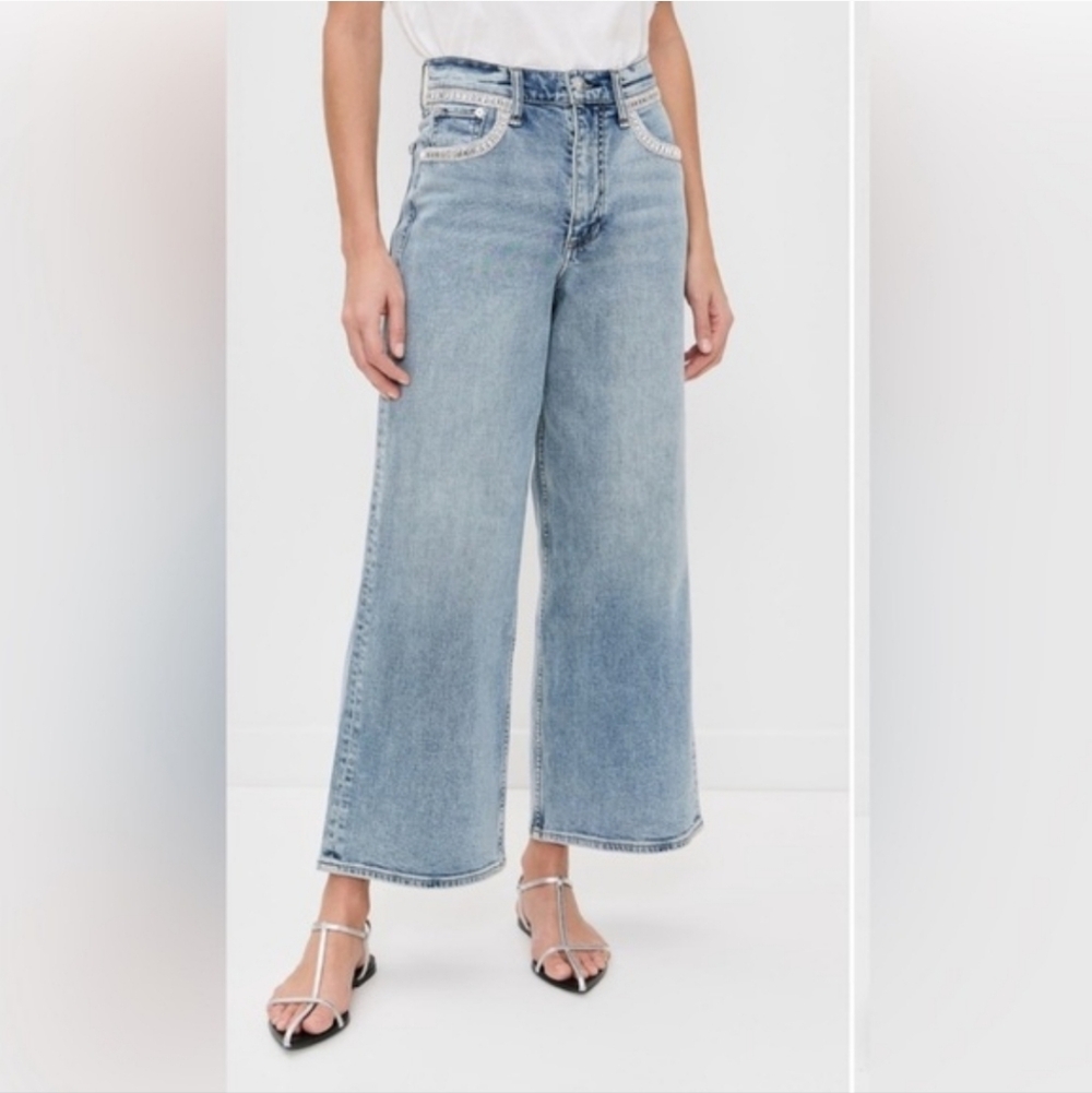 Rag & Bone Andi Embellished Ankle-Length Wide-Leg Jeans in Pacific Jewel Sz 29